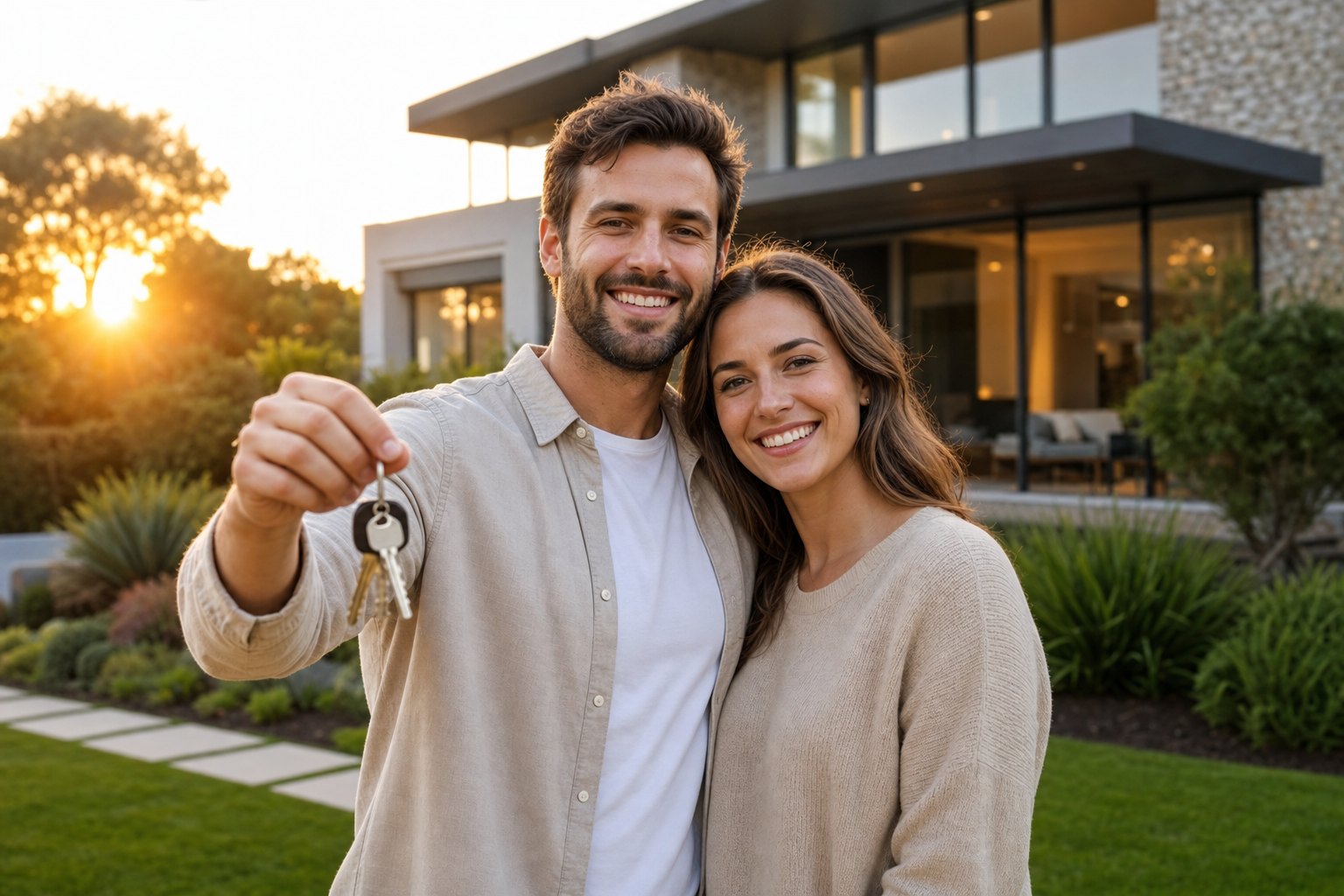 Happy young Australian couple holding house keys in front of their new home at golden hour